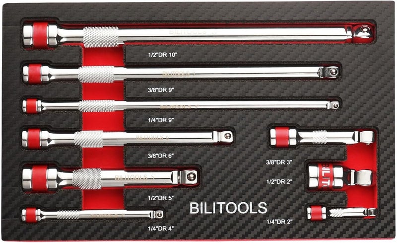 BILITOOLS Wobble Extension Set, 9 PCS 1/4", 3/8" and 1/2" Drive Ratchet Extension Set Flexible, Cr-V Steel - Image 1
